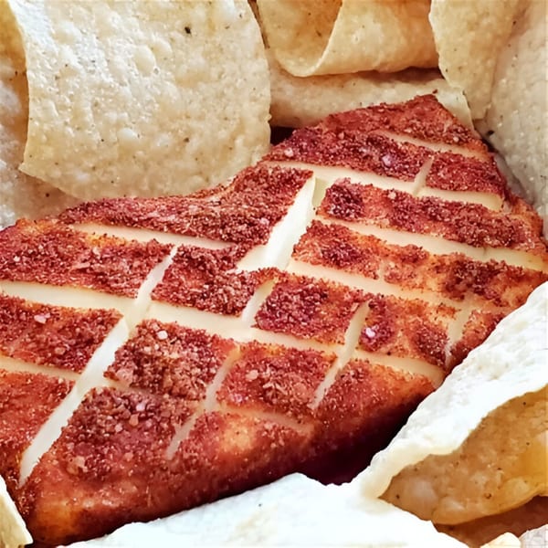 Grilled halloumi cheese with BBQ seasoning and tortilla chips from Phat Daddy's BBQ.