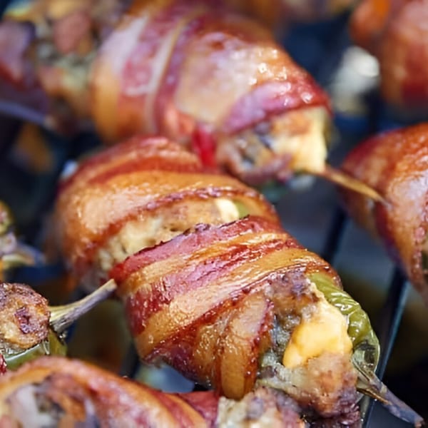 Close-up of bacon-wrapped jalapeño poppers with cheese and meat, skewered and grilling.