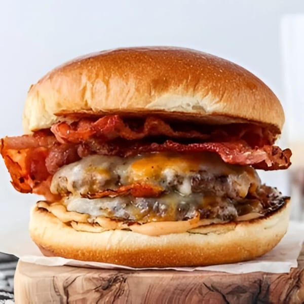 Phat Daddy's BBQ double cheeseburger with melted cheese, crispy bacon, and caramelized onions on a brioche bun.
