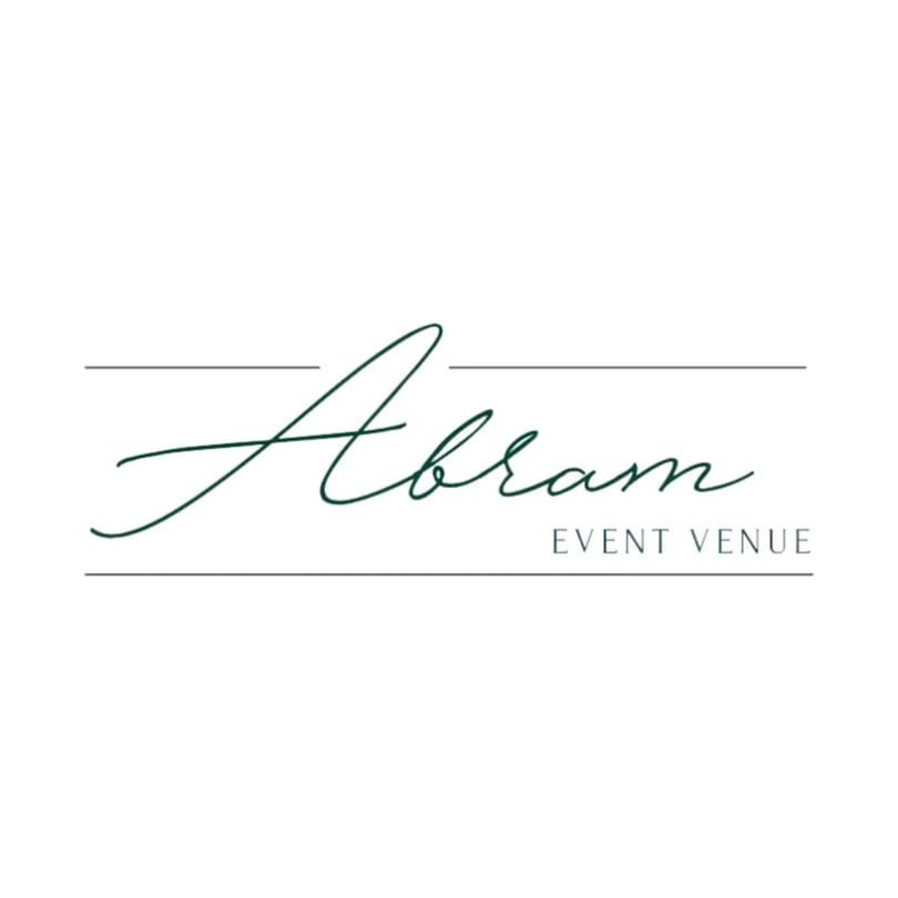 The Abram Event Venue logo features elegant green script with horizontal lines on a white background.