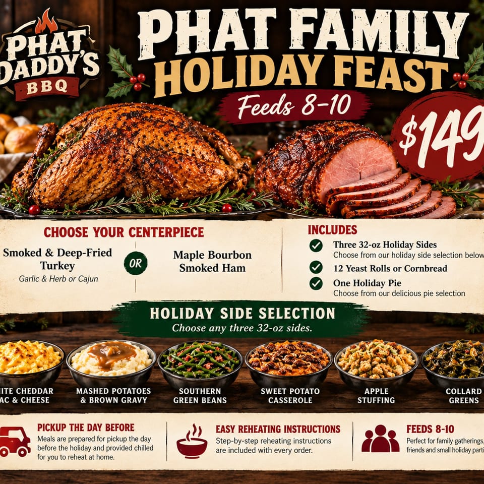 Phat Daddy’s BBQ holiday feast advertisement featuring smoked turkey, sliced ham, side dishes, and meal details for eight to ten people.