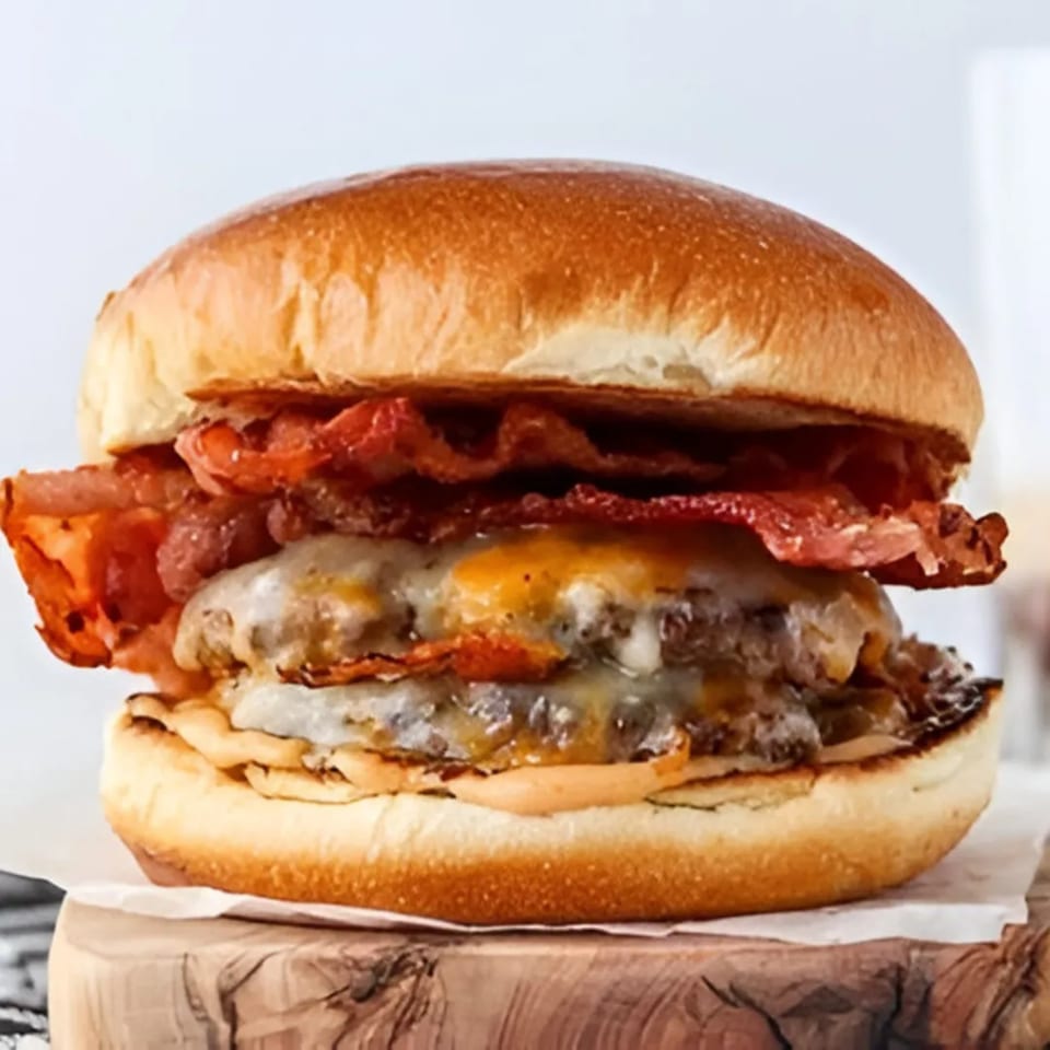 Phat Daddy's BBQ double bacon cheeseburger with melted cheese and caramelized onions on a bun.