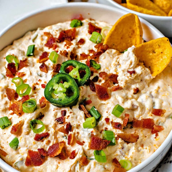 Creamy Phat Daddy's BBQ dip with bacon, jalapeños, green onions, and tortilla chips.