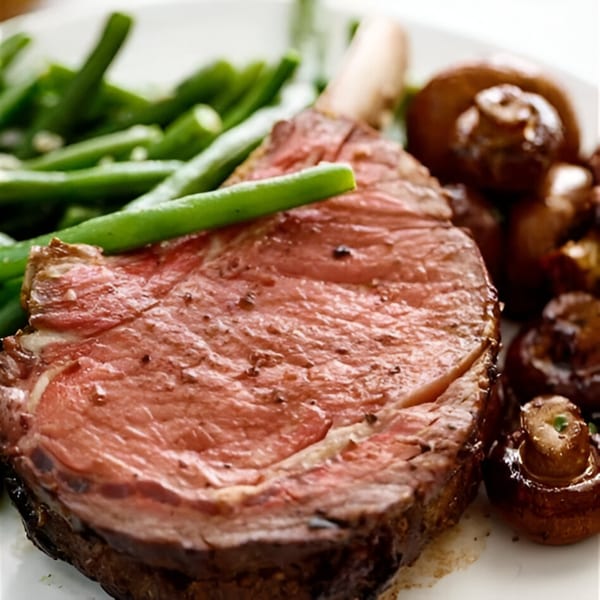 Phat Daddy's BBQ prime rib with green beans and mushrooms on a white plate.