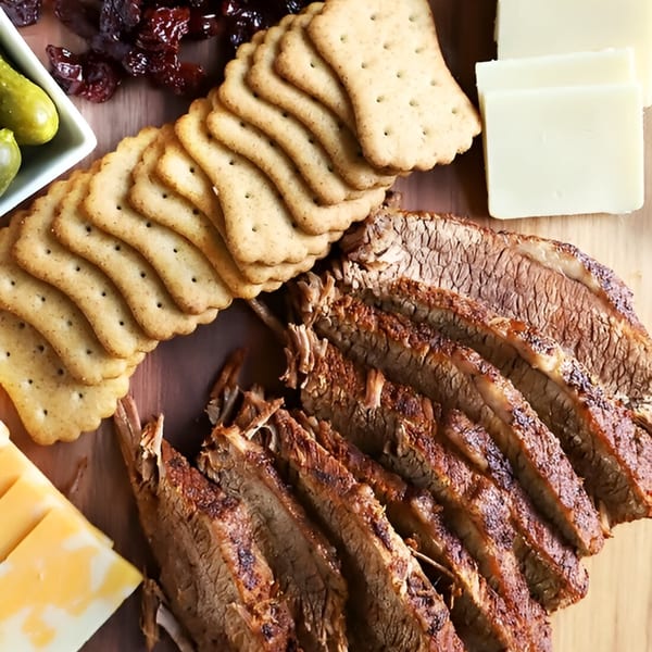 Sliced Phat Daddy's BBQ brisket, crackers, cheese, pickles, and dried fruit on a wooden board.