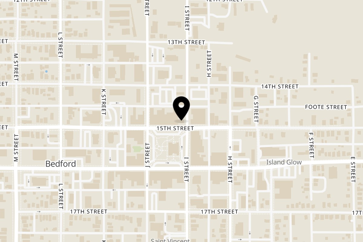 Map showing the location of Phat Daddy's BBQ Bedford on 905 15th St in Bedford